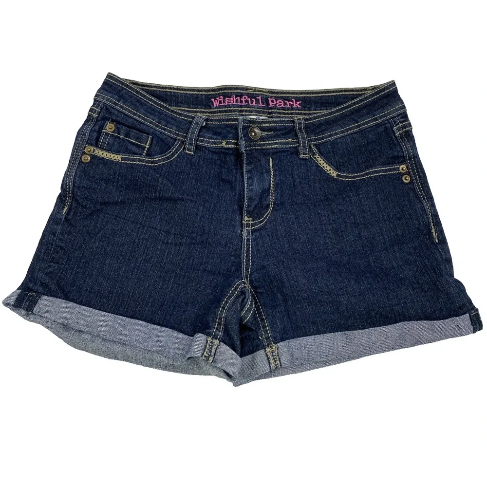 Wishful Park Jean Shorts Junior 7 Dark Wash Roll Up Stretch Low Rise 3.5